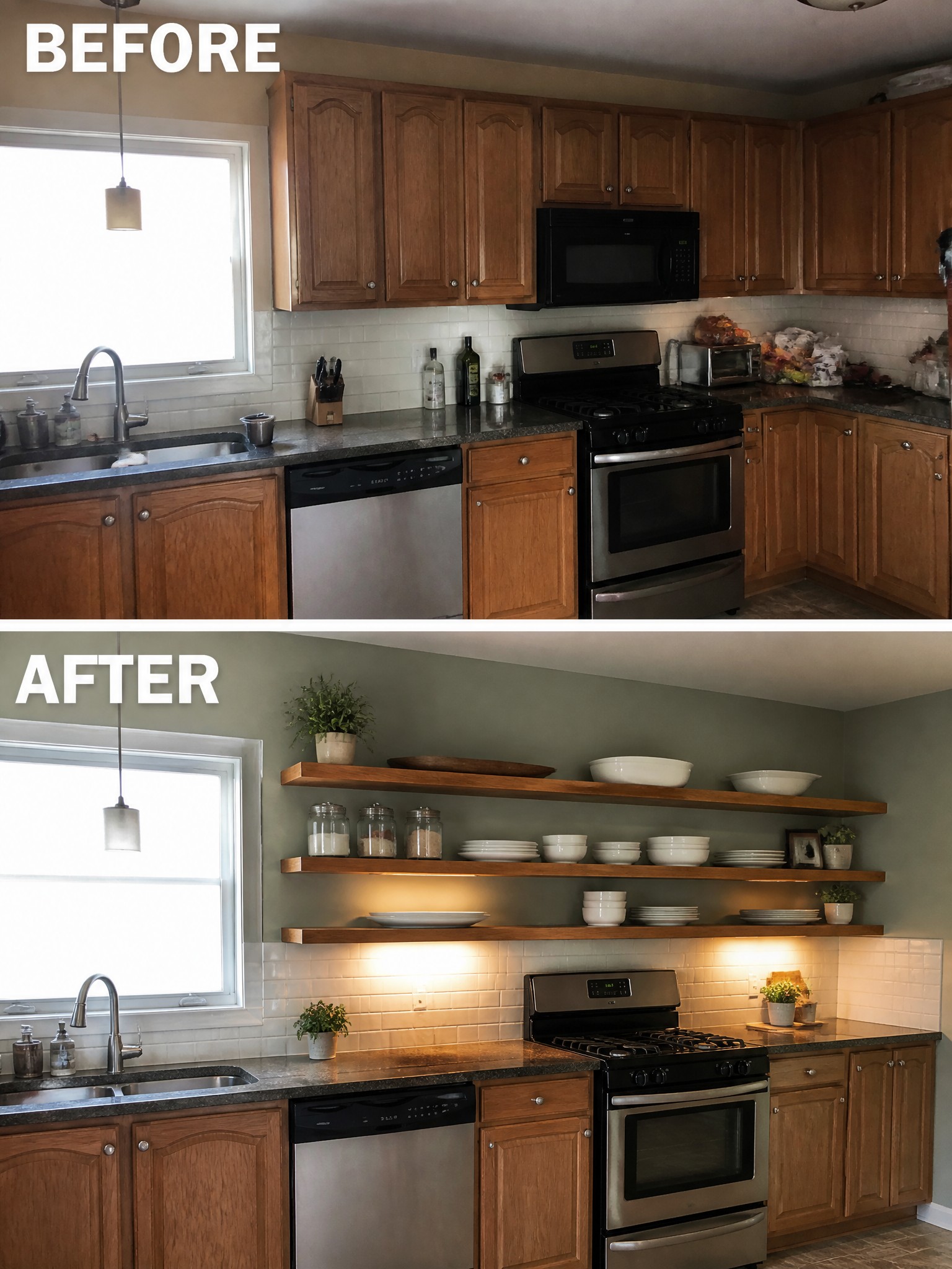 Before-and-after image of a kitchen with upper cabinets and microwave replaced by open wooden shelves on a painted wall.