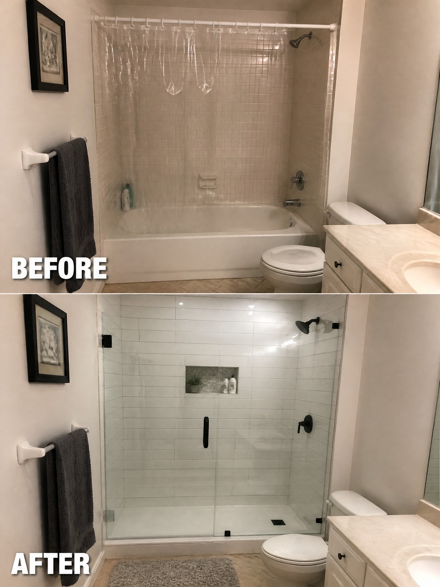 Before-and-after image of a bathroom with an old tub and shower curtain replaced by a modern glass-enclosed walk-in shower with white tile and black fixtures.