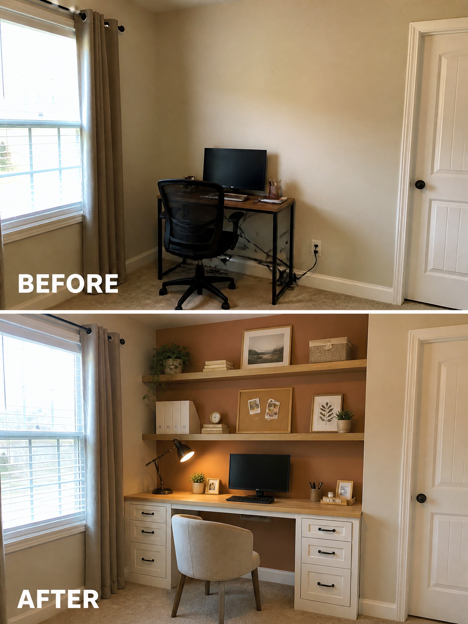 Before-and-after transformation of a workspace featuring a desk, computer, and decorative shelves.