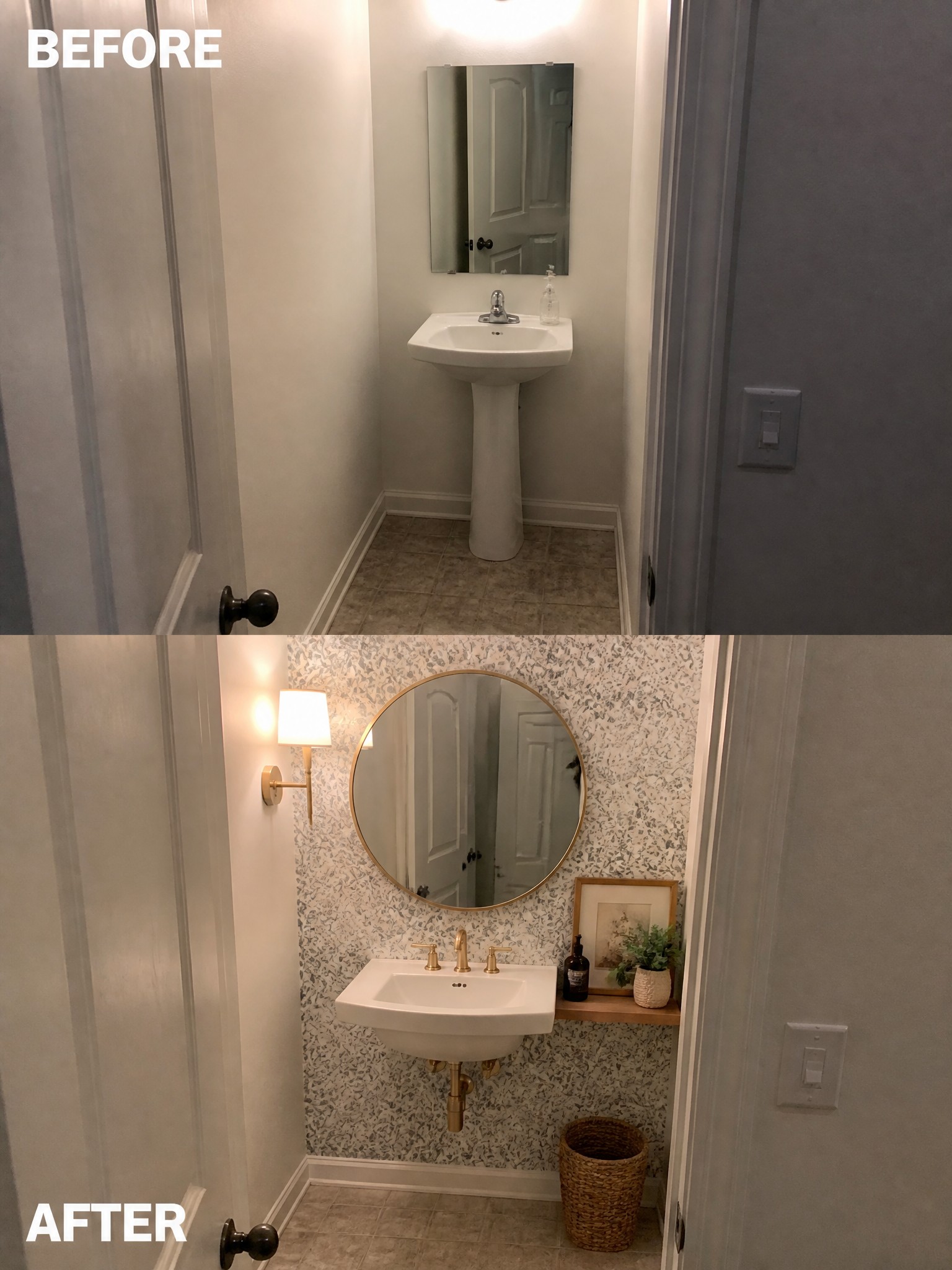 Before and after photos of a bathroom renovation, featuring updated fixtures and decor.