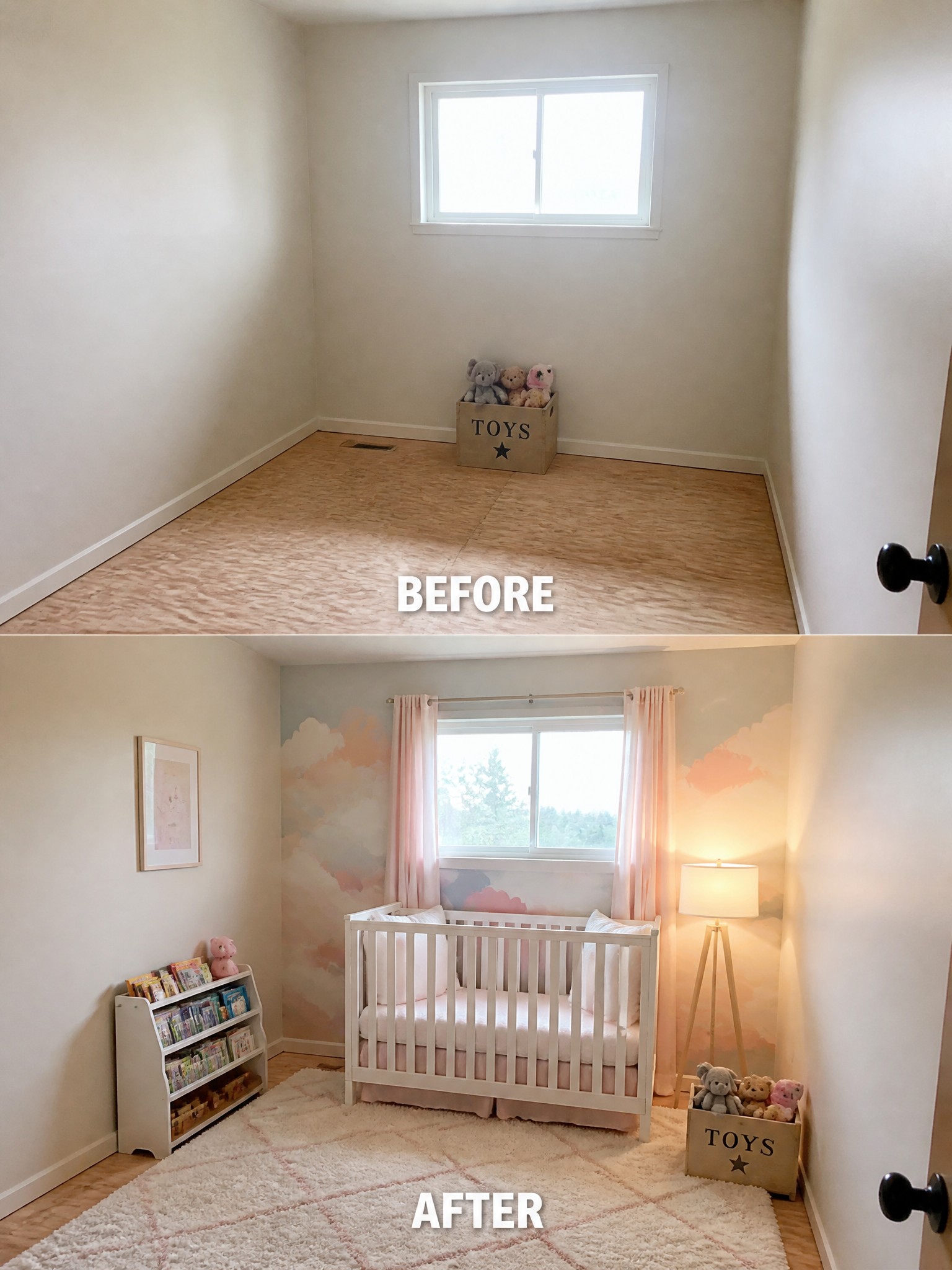 Before-and-after image of an empty room turned into a nursery with a crib, large rug, curtains, and wall mural.