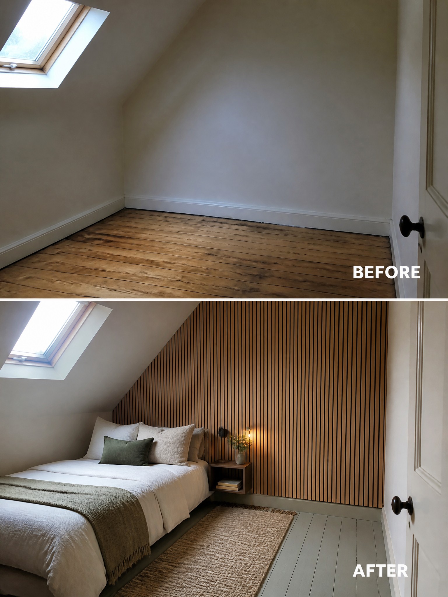 Before-and-after image of an empty attic bedroom updated with a wood slat accent wall, bed, rug, and bedside lighting.