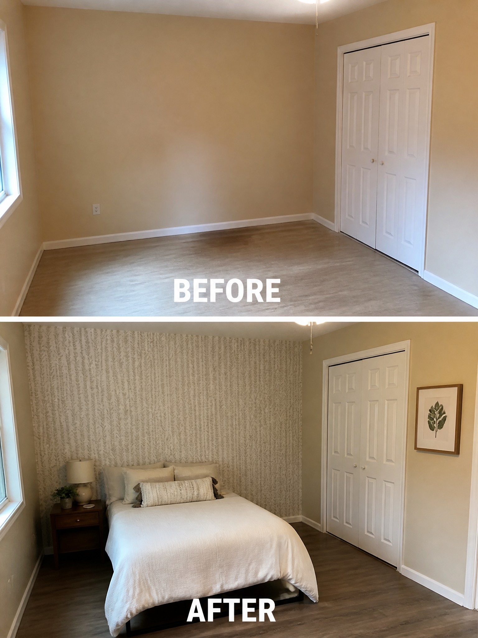 Before-and-after image of an empty bedroom transformed by adding wallpaper to one wall along with a bed, nightstand, and basic decor.