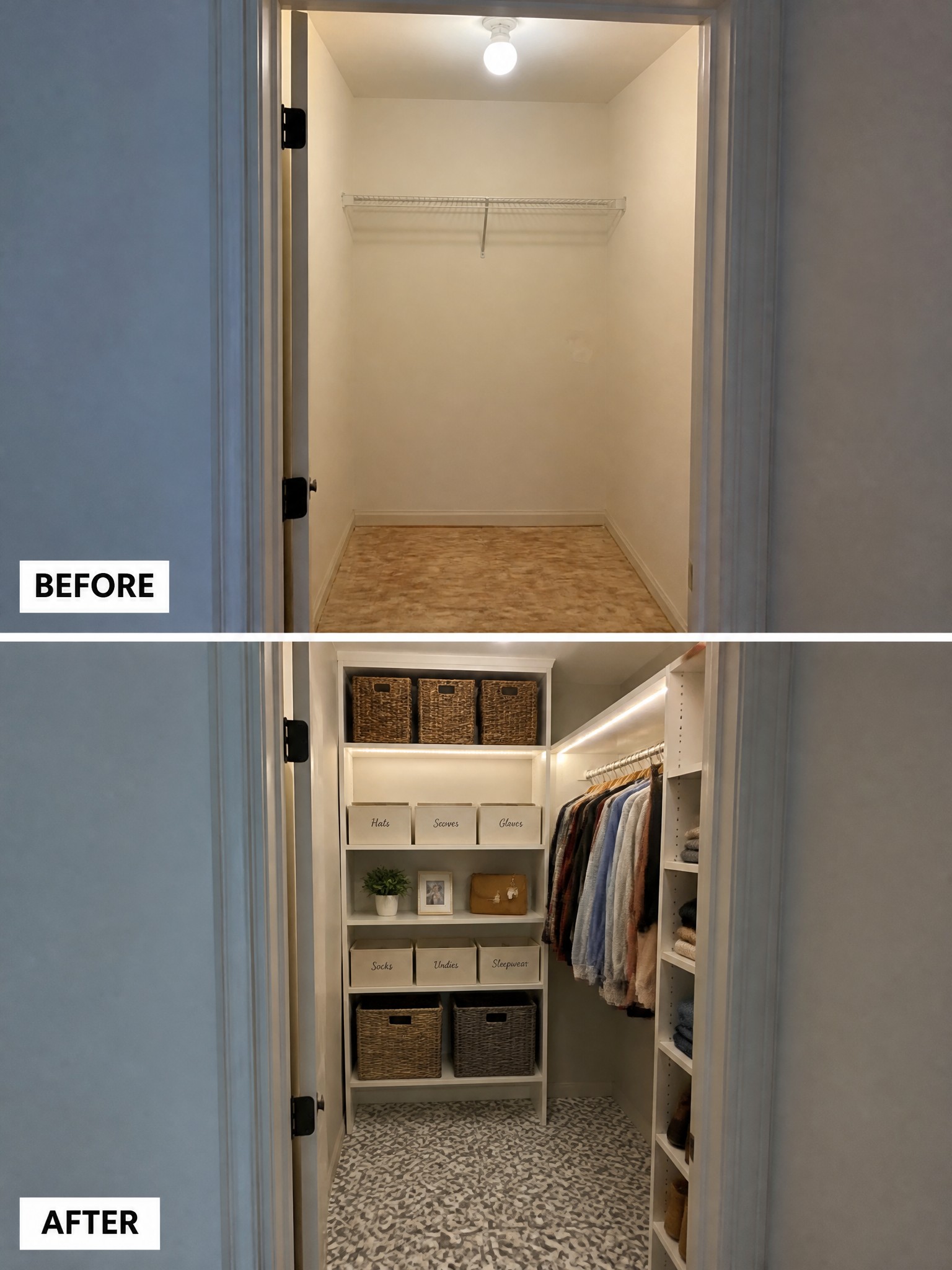 Before-and-after closet transformation showcasing organized shelves, clothes, and decorative baskets.