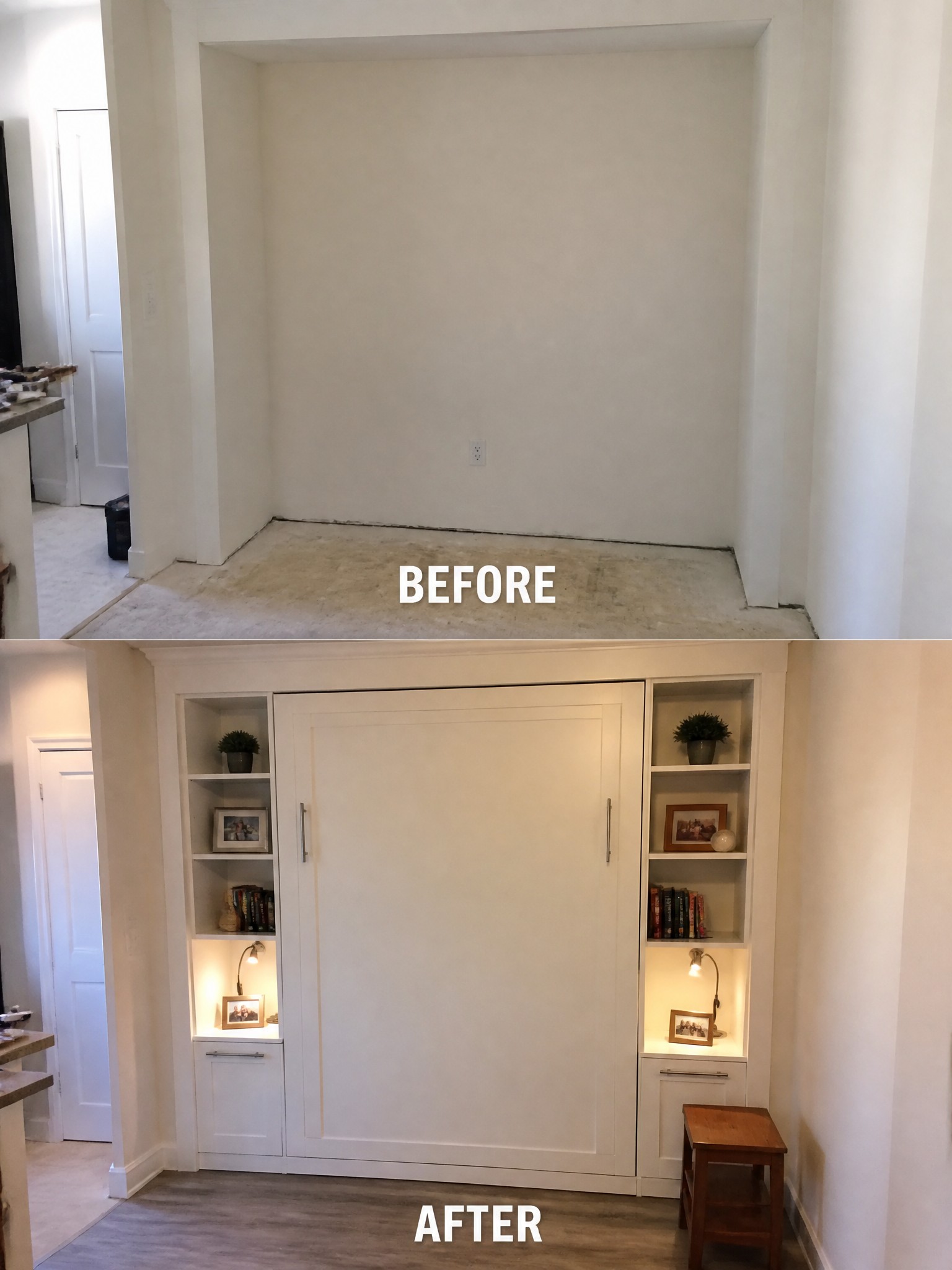 Before-and-after transformation of a wall, featuring a built-in shelving unit and foldable bed.