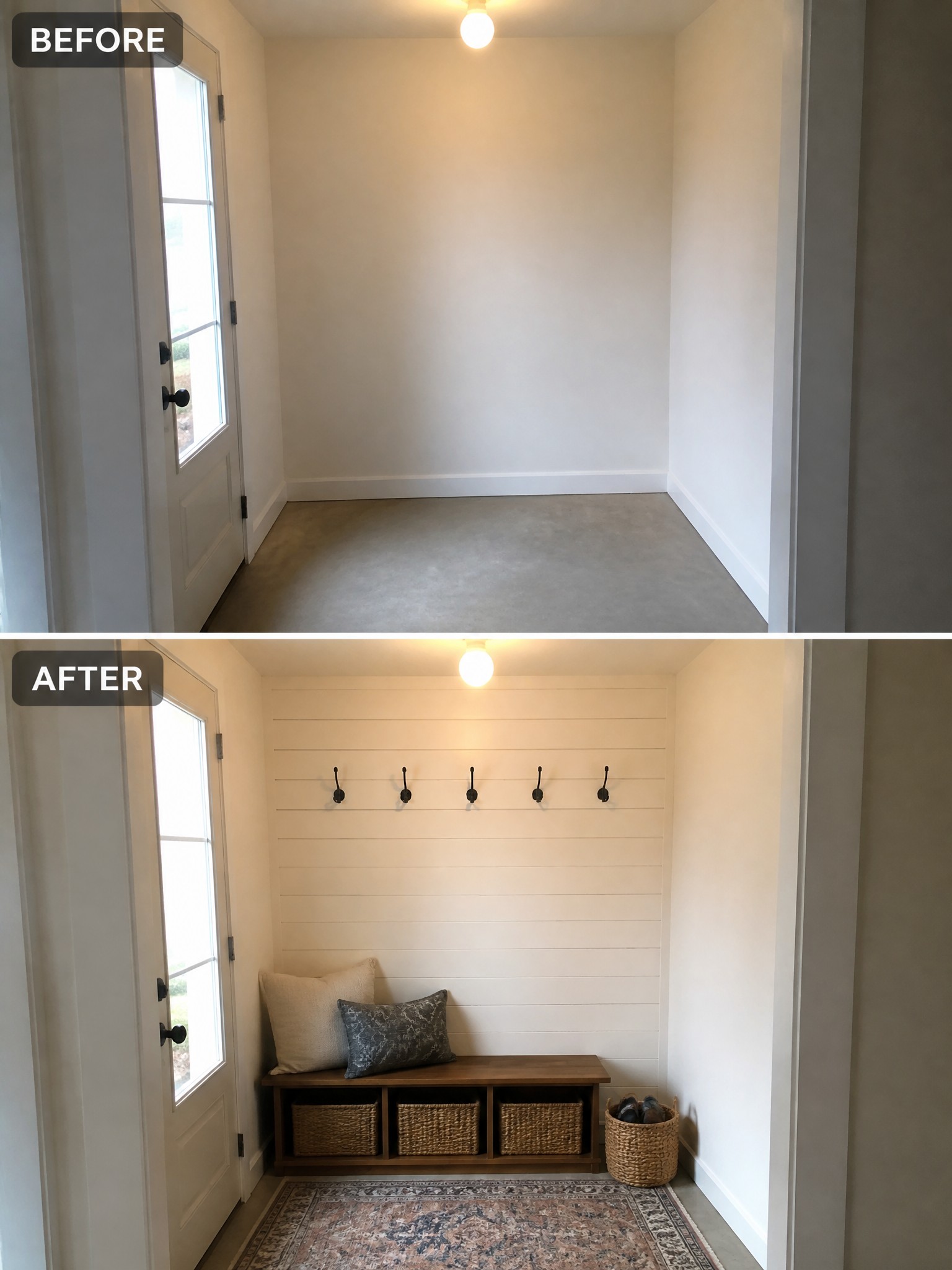 Before and after transformation of a hallway with a bench, storage baskets, and wall hooks.