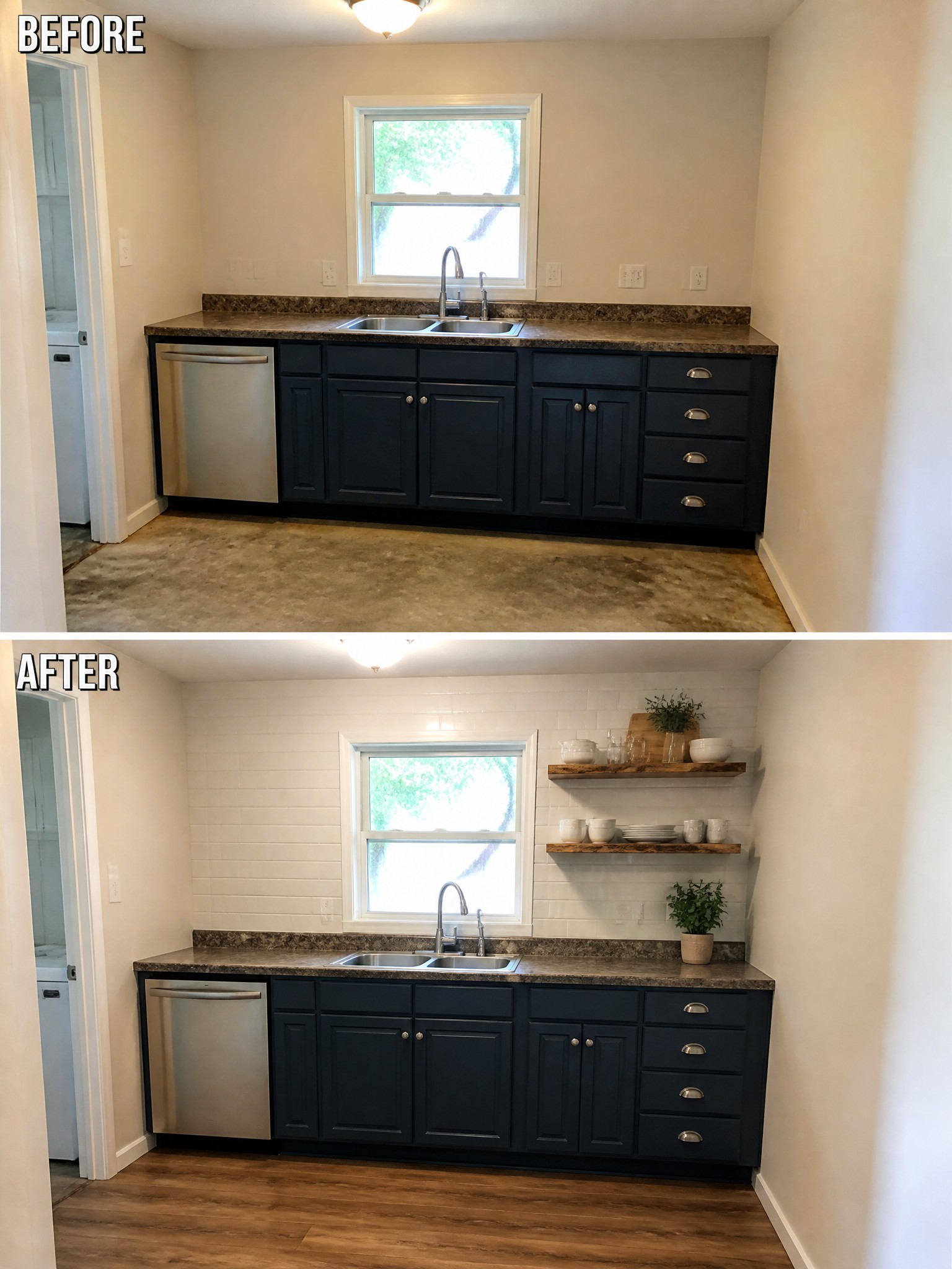 Before-and-after image of a kitchen with dark cabinets updated with white subway tile backsplash, wooden floating shelves, and new wood flooring.