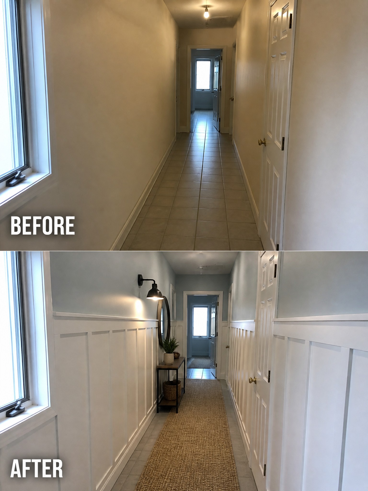Before-and-after image of a plain hallway updated with white wainscoting, light blue paint, and a woven runner rug.