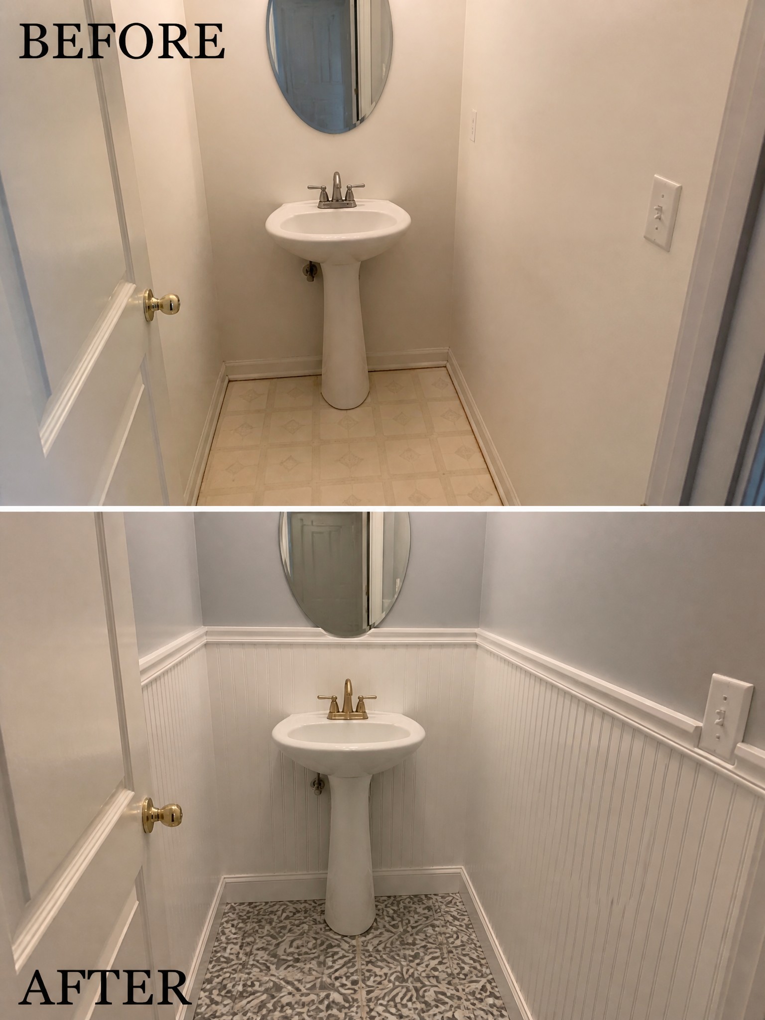 Before-and-after bathroom transformation showing new flooring and wainscoting, lighter paint color.