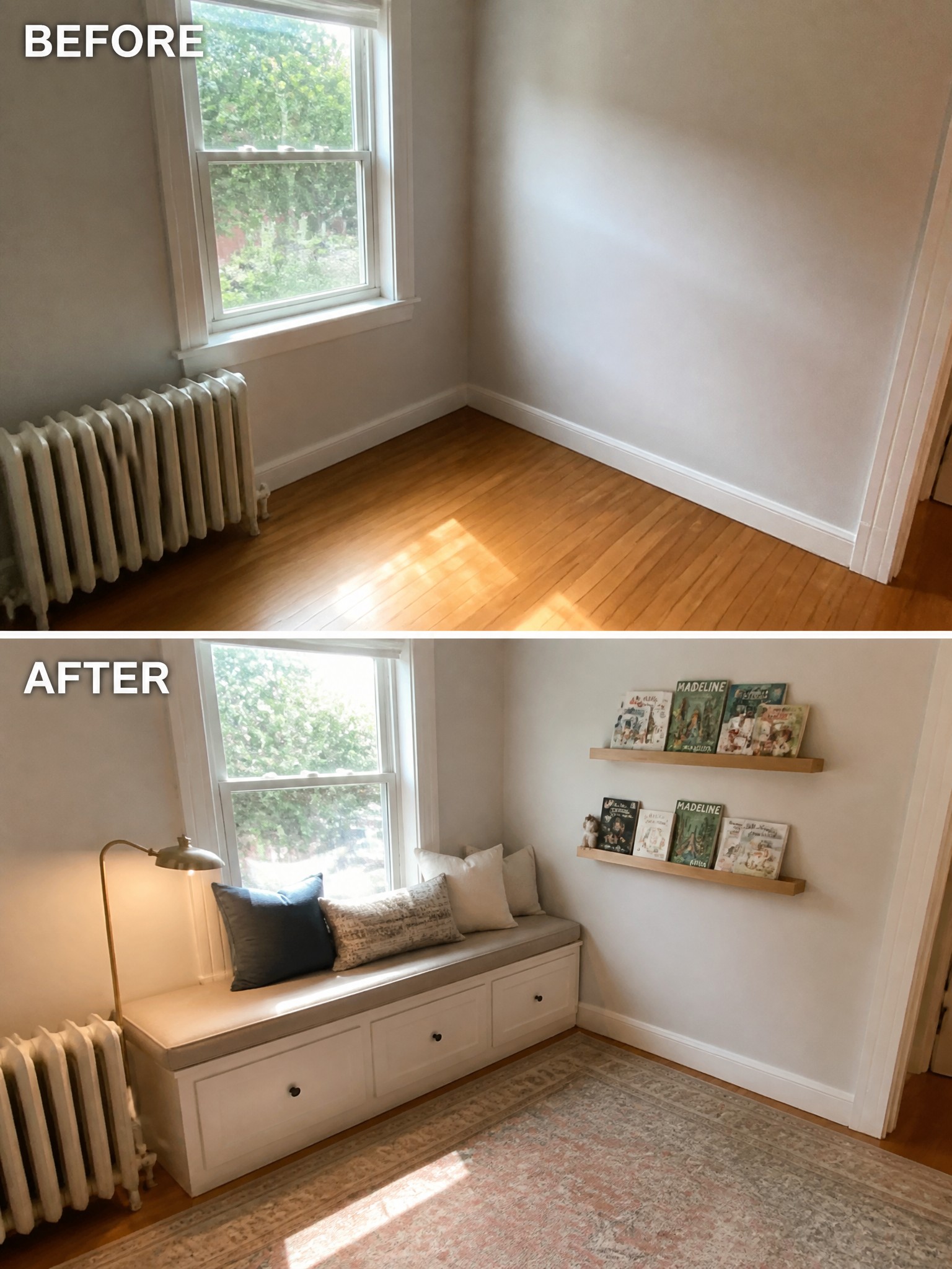 Before-and-after image of an empty room corner with a window changed into a window seat nook with built-in storage, cushions, floating shelves, a rug, and a floor lamp.