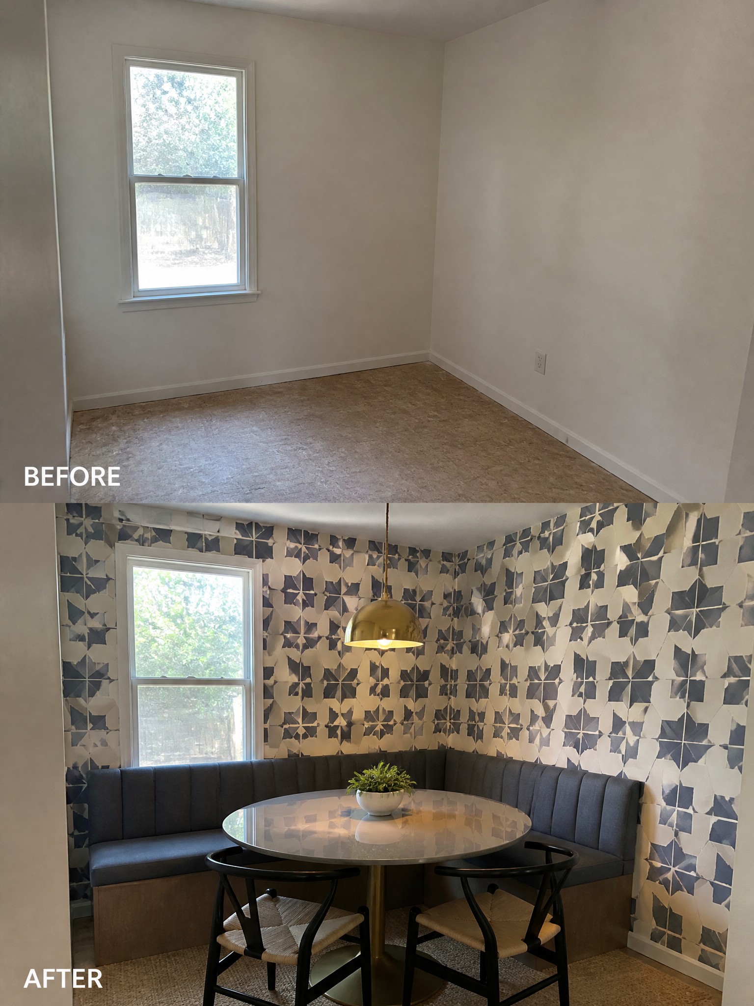 Before and after transformation of a cozy dining nook with patterned wallpaper.