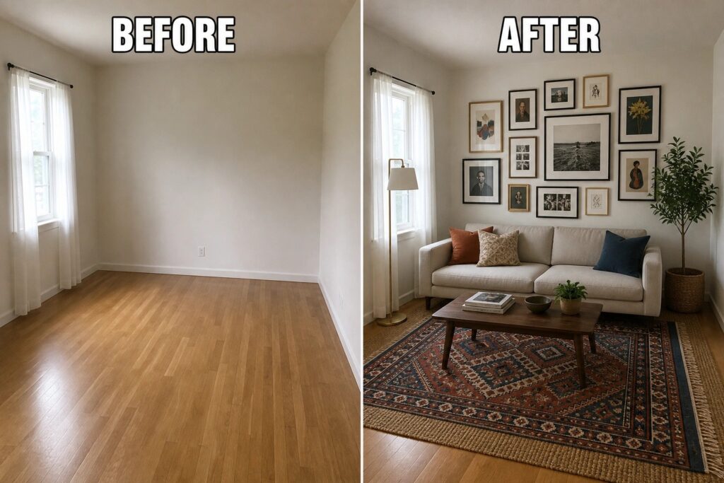 22 Fresh Small Room Refresh Ideas for Blank Walls and Bare Floors Before-and-after image of an empty room transformed into a furnished living space with a sofa, rug, coffee table, gallery wall, and plants.