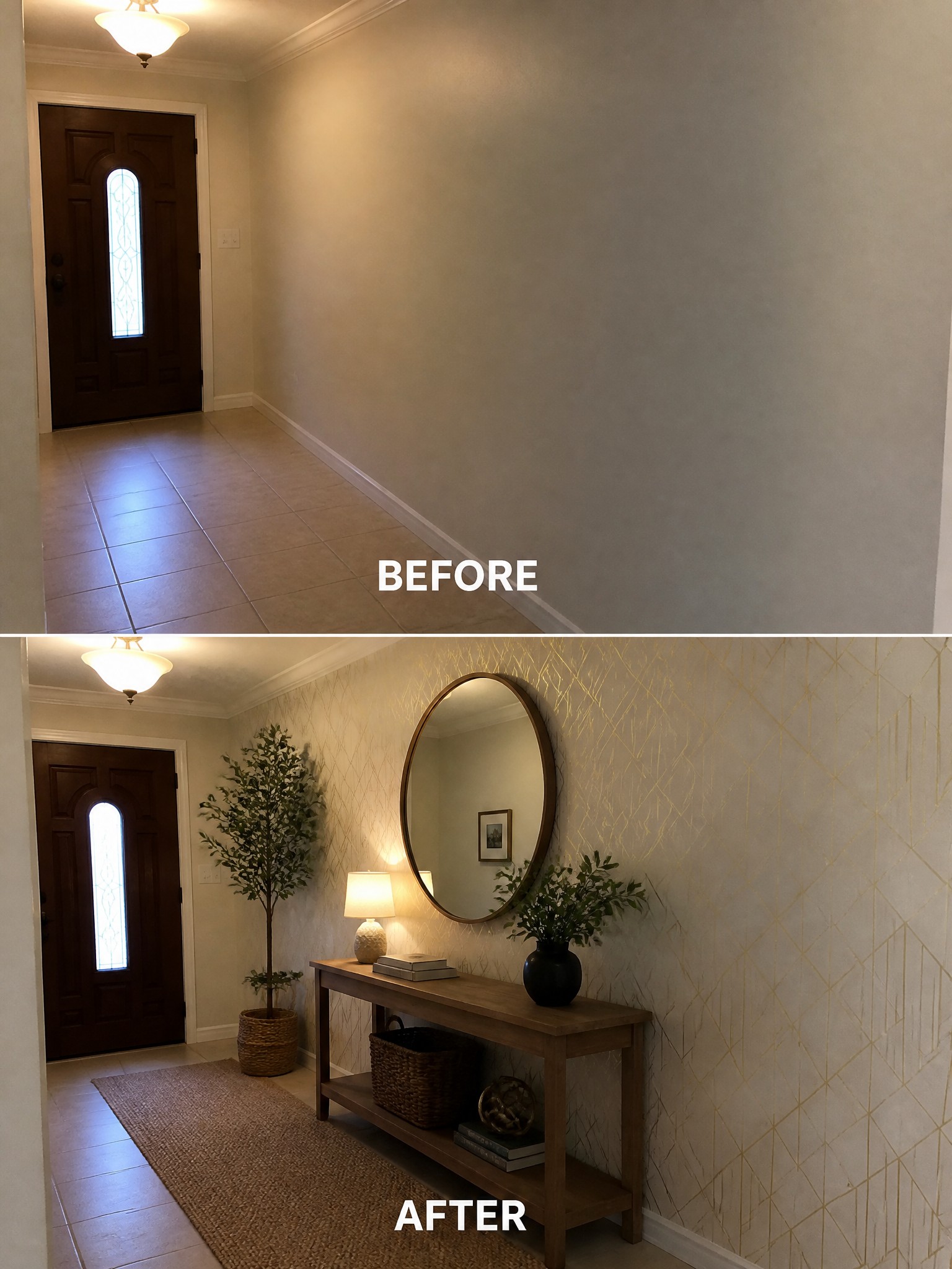 Entryway transformation: plain wall to a stylish design with decor, mirror, and greenery.