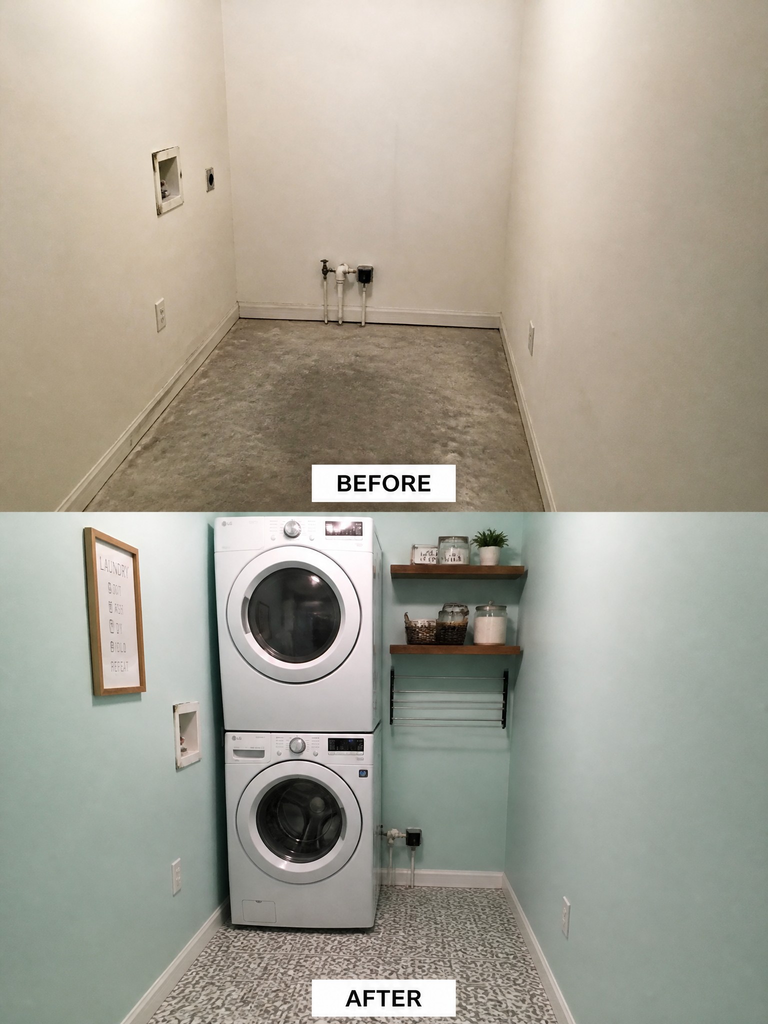 Before and after transformation of a laundry room with appliances, shelves, and mint walls.