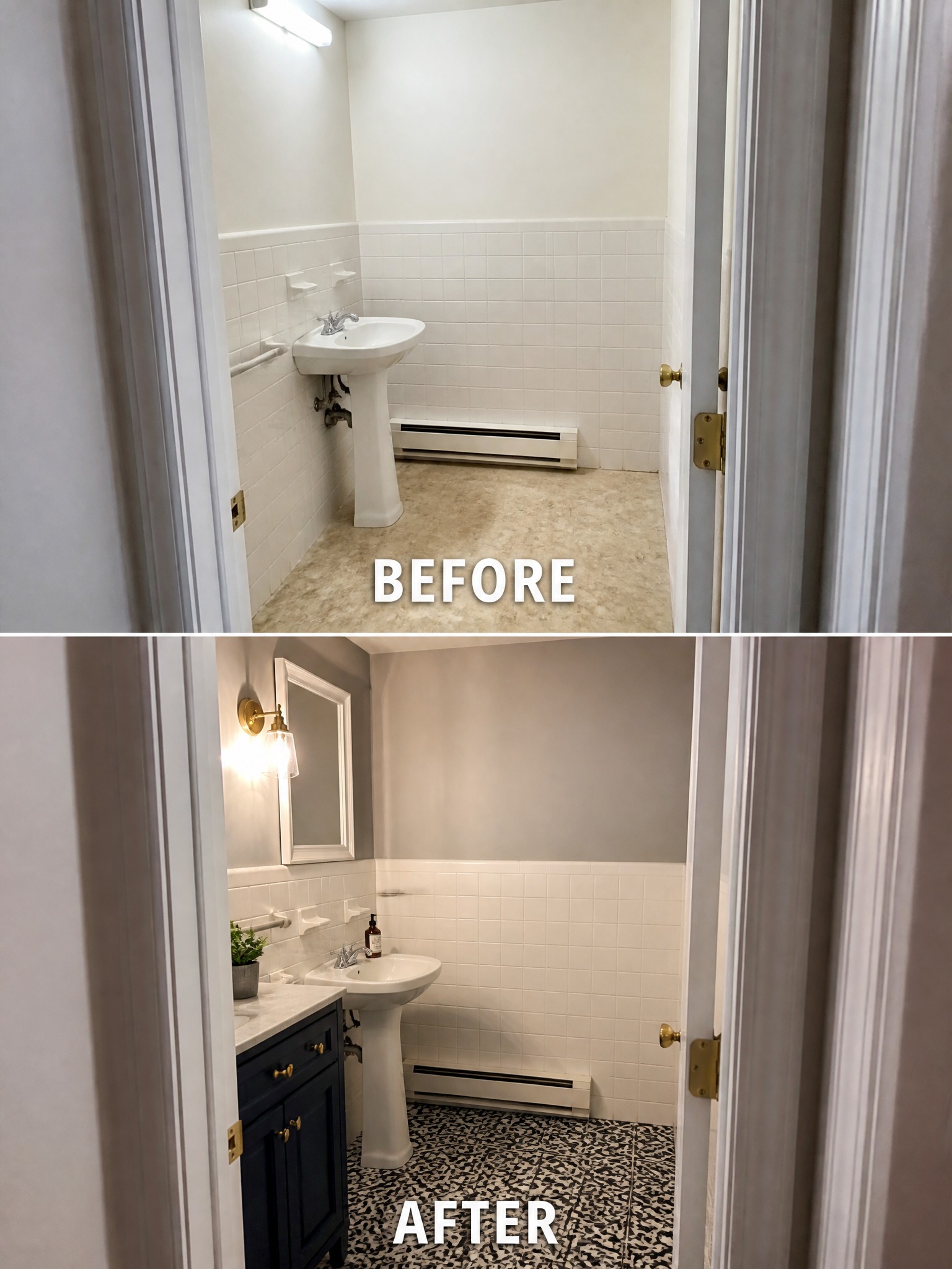 A bathroom renovation showing before and after with updated colors and flooring.