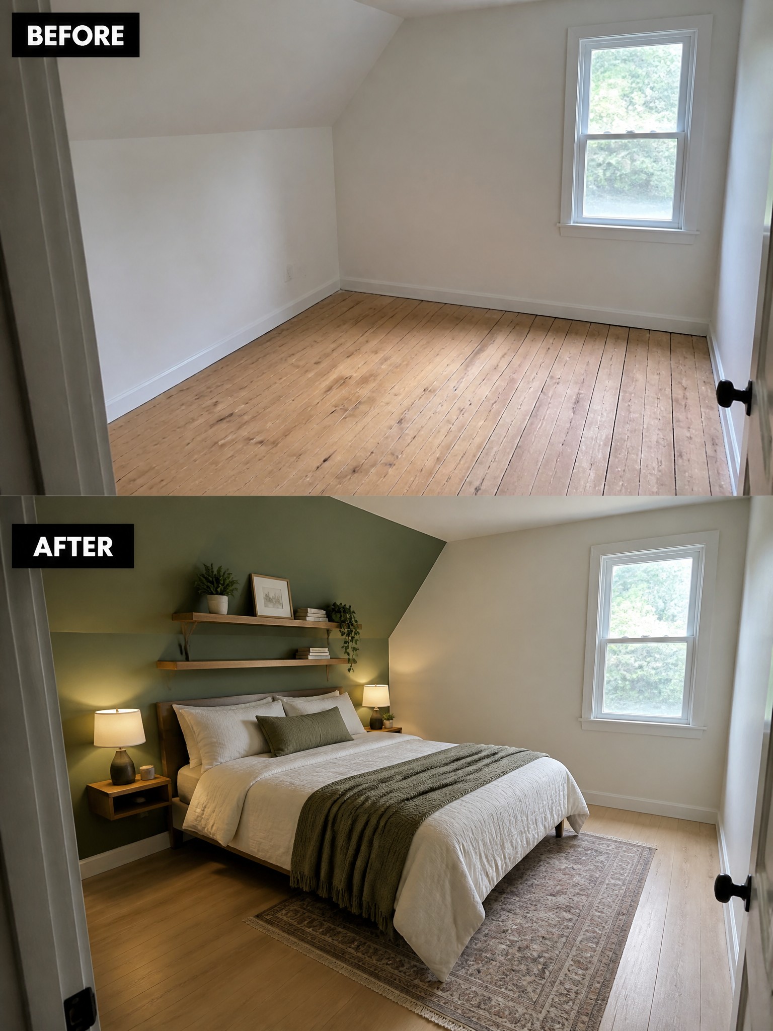 Before-and-after image of an empty bedroom transformed into a furnished bedroom with a bed, rug, accent wall, shelves, and lamps.