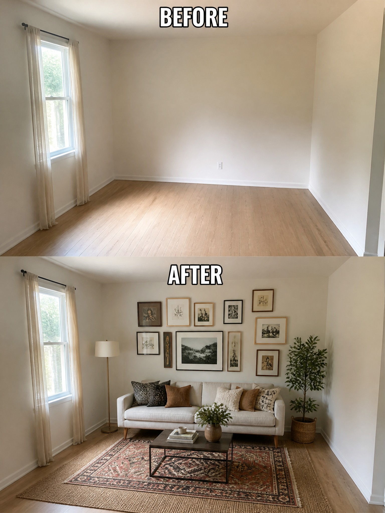 Before-and-after image of an empty room transformed into a furnished living space with a sofa, rug, coffee table, gallery wall, and plants.