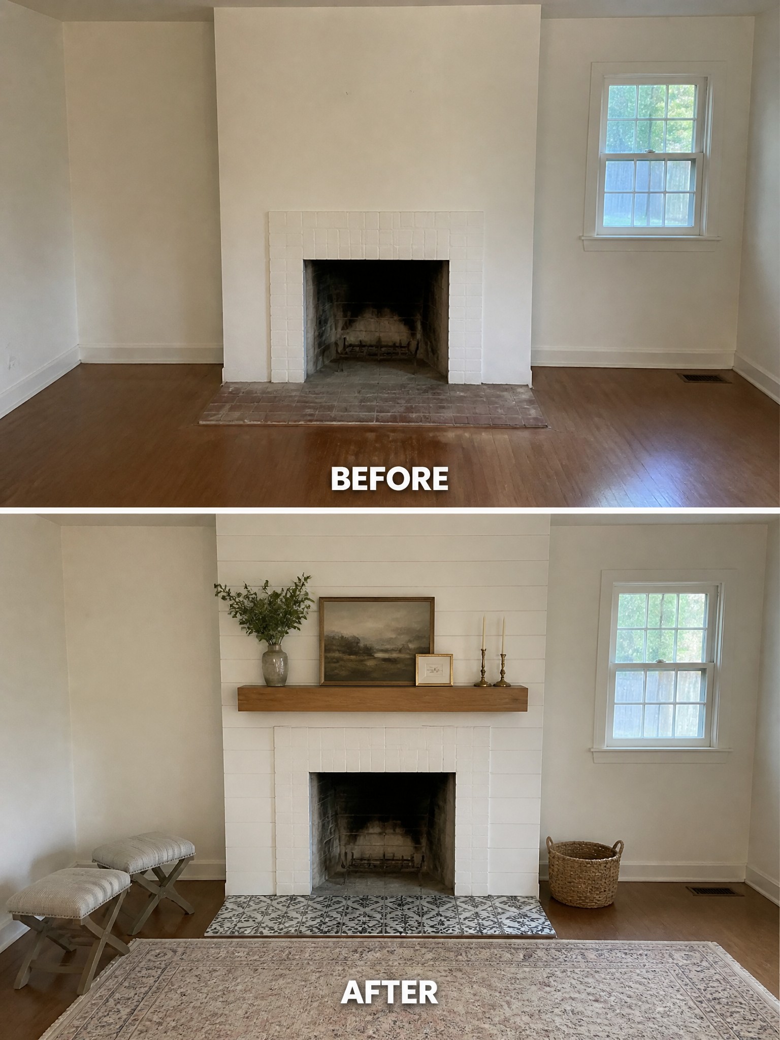 Before-and-after image of a plain fireplace wall updated with a wooden mantel, artwork, and simple decor.