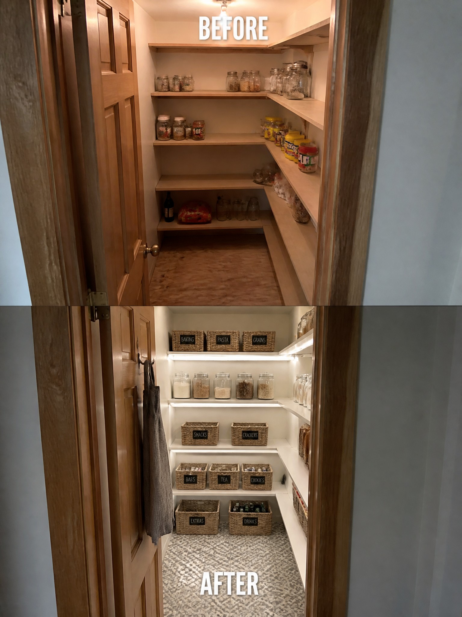 Side-by-side comparison of a pantry; cluttered before, organized and stylish after with baskets.