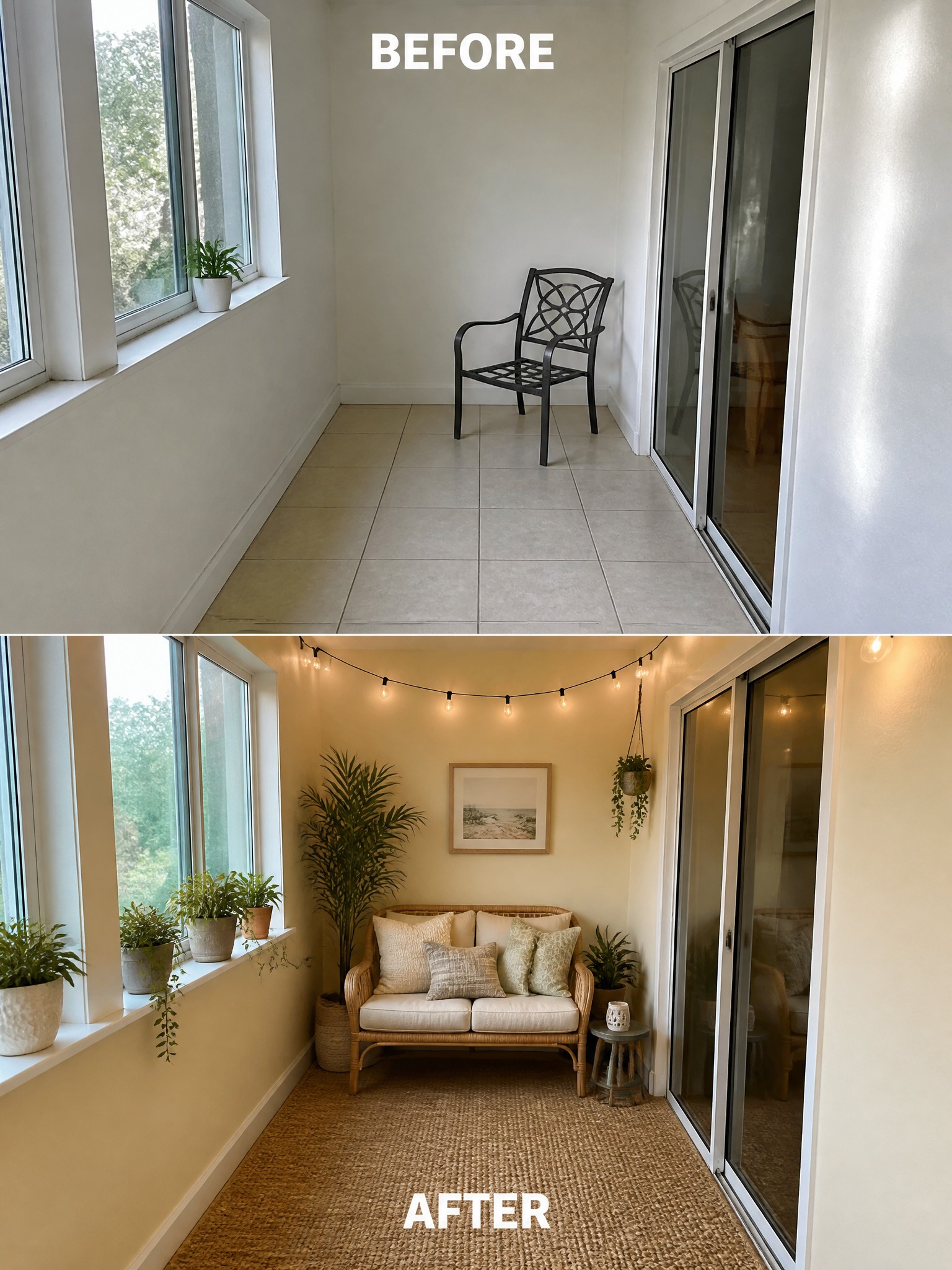 Transformed sunroom with plants, rattan couch, and string lights, before and after makeover.