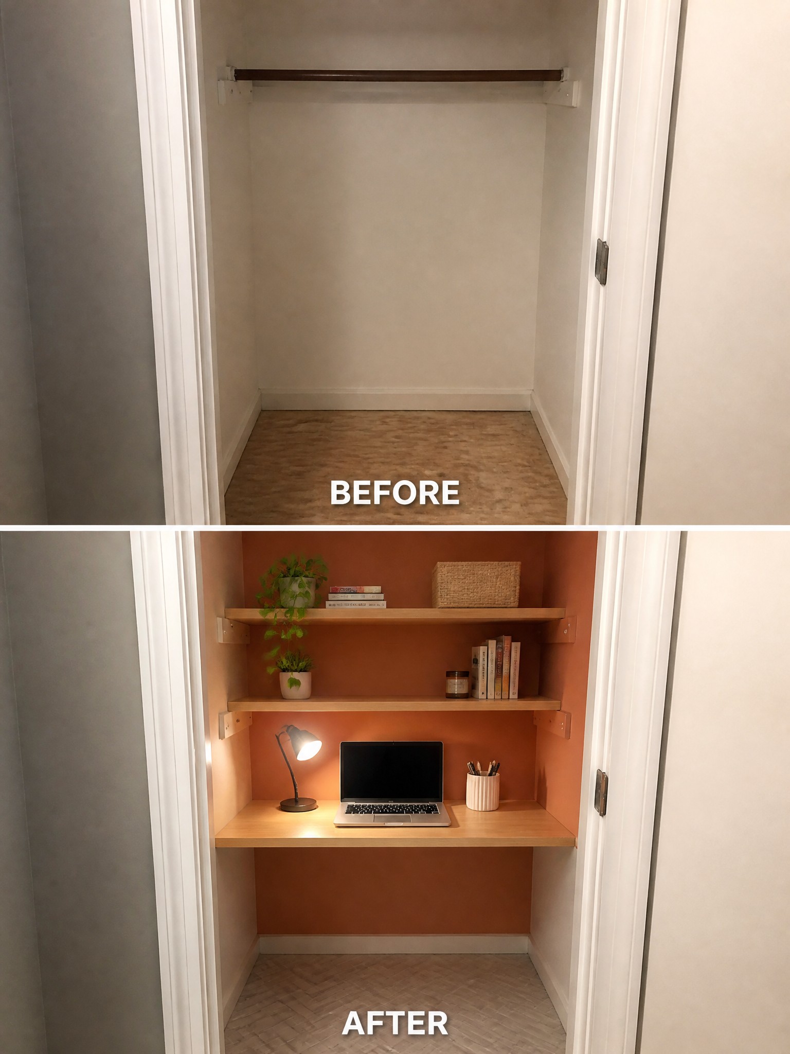 Before-and-after image of an empty closet with a hanging rod changed into a workspace with wooden shelves, a desk surface, and orange painted walls.