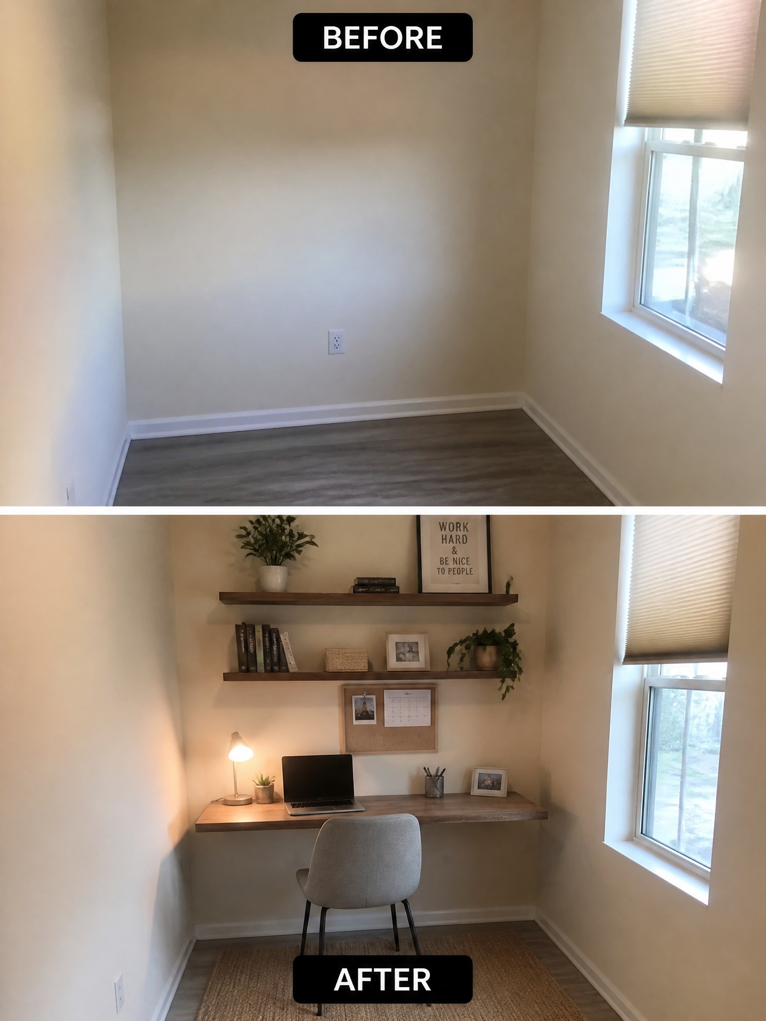Before-and-after image of a plain empty room corner transformed into a workspace with a desk, chair, shelves, and wall decor.