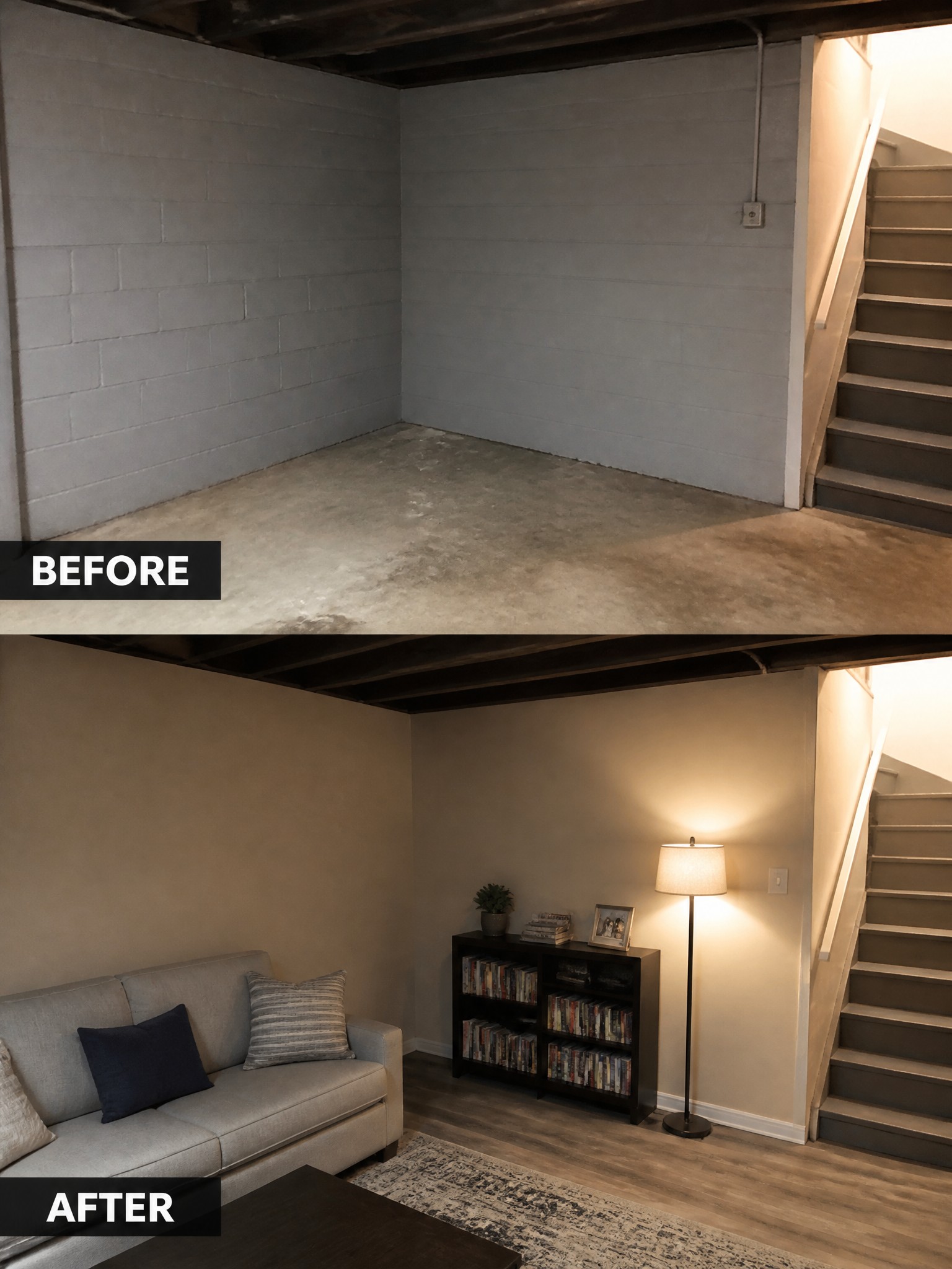 Before-and-after transformation of a basement: empty gray space versus cozy living area.