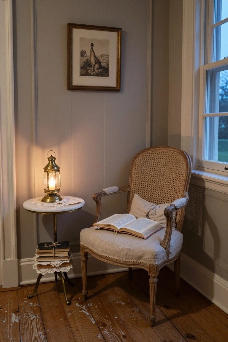 Interior corner of a room with light gray paneled walls, a beige-cushioned cane armchair holding an open book and pillow, a small white marble-topped tripod table with lit brass lantern lamp and stacked books on lace doily, framed artwork above, large window, and hardwood floor.