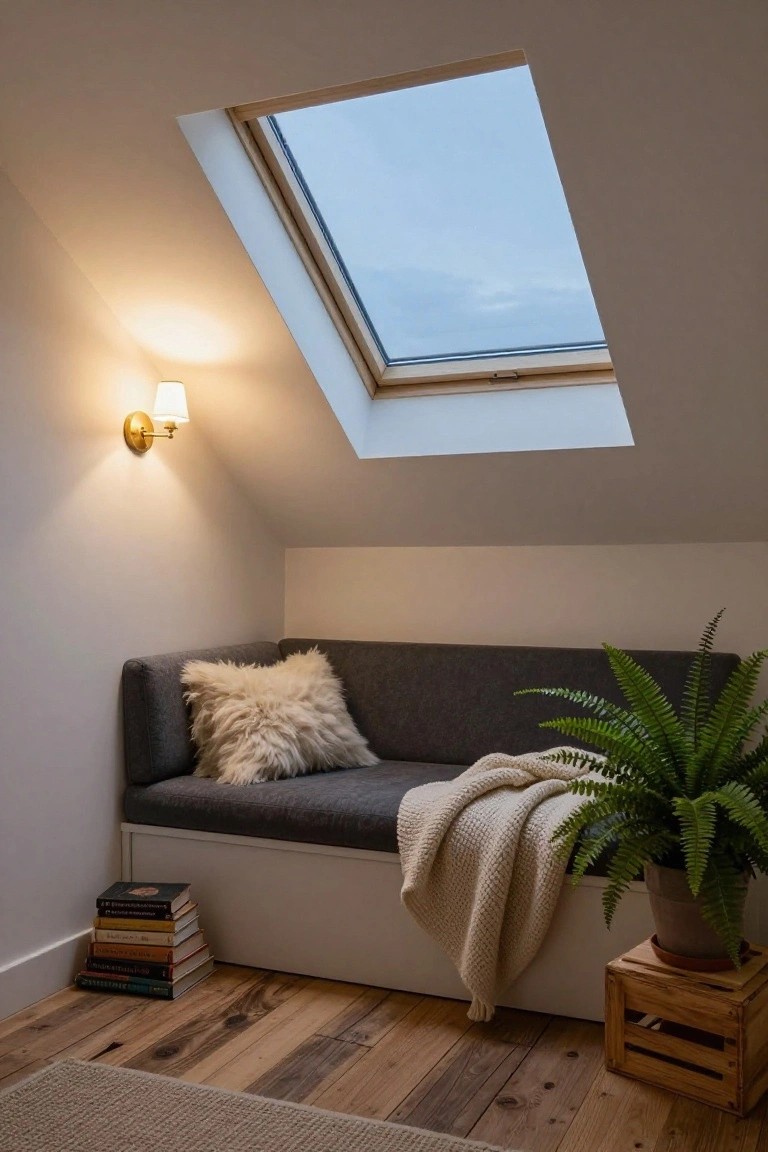 Attic room corner featuring a gray built-in bench seat with white fluffy pillow, cream knit blanket draped over it, stack of books on the floor, potted fern plant on wooden crate beside it, gold wall sconce lit up, large skylight in sloped white ceiling above, light wood plank flooring.
