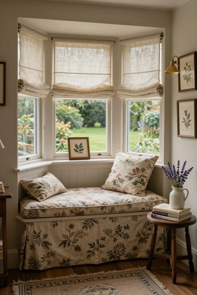 Bay window seat with floral cushions and skirt, pillows, lavender bouquet in a jug, books on a small wooden side table, linen roman shades, botanical art on walls, garden view outside.