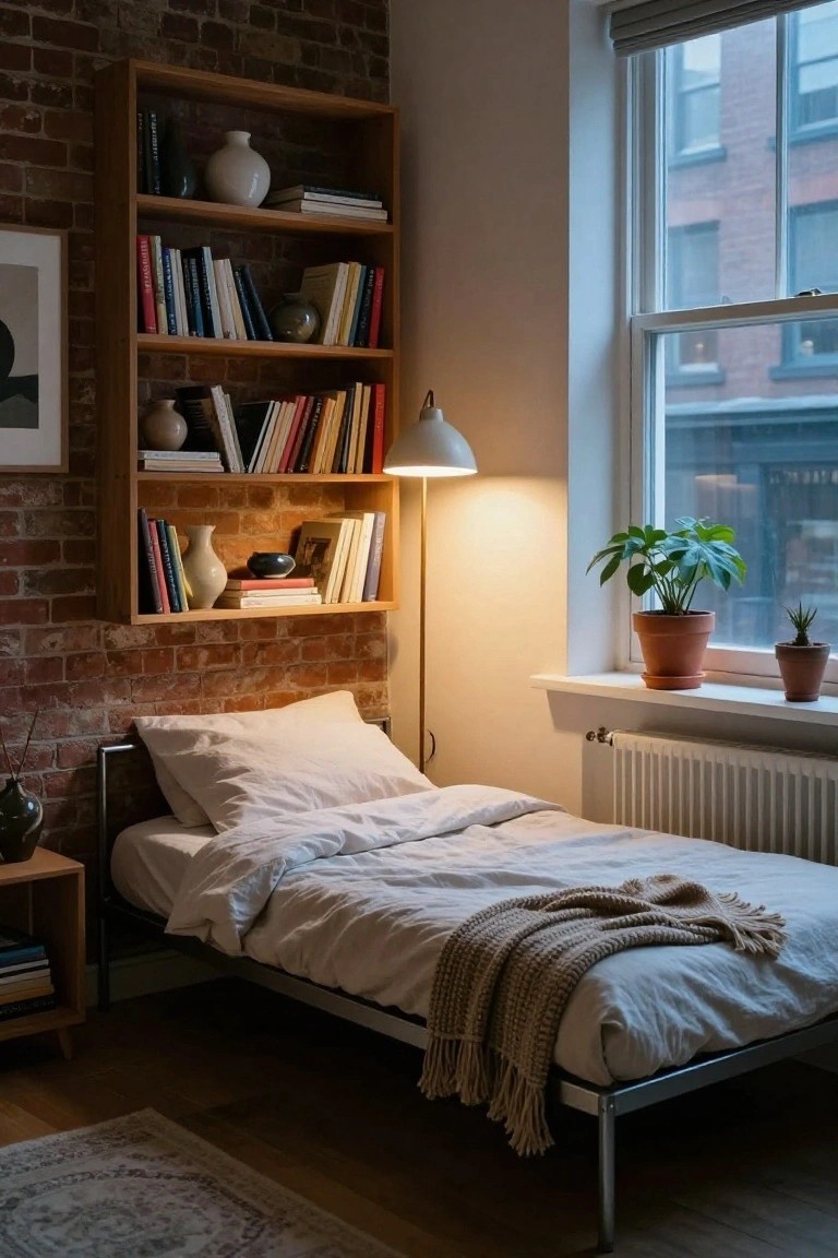 Small bedroom featuring exposed brick walls, tall wooden bookshelves filled with books and ceramics, a metal-framed bed with white sheets and knit throw, floor lamp, potted plants on windowsill, and radiator below window.