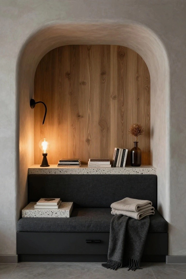 Arched indoor alcove with light wood paneling, terrazzo shelf holding books and a glass bottle, black wall lamp with bulb lit, built-in black bench seat with white book stack, beige and gray blankets, on light gray tiled floor.