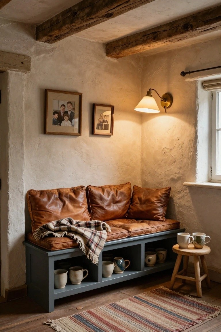 Cozy indoor corner with brown leather bench cushions draped in plaid blanket, open gray shelves below holding white and blue ceramic mugs, small wooden stool with two mugs nearby, wall lamp lit, framed family photos, whitewashed walls, wooden beams overhead, and striped rug on wood floor.