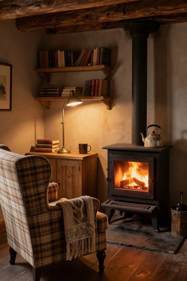 Cozy indoor corner with black wood-burning stove showing fire inside, plaid armchair with cream throw blanket, wooden desk holding brass lamp and books, bookshelves on beige walls, and wooden beams overhead.