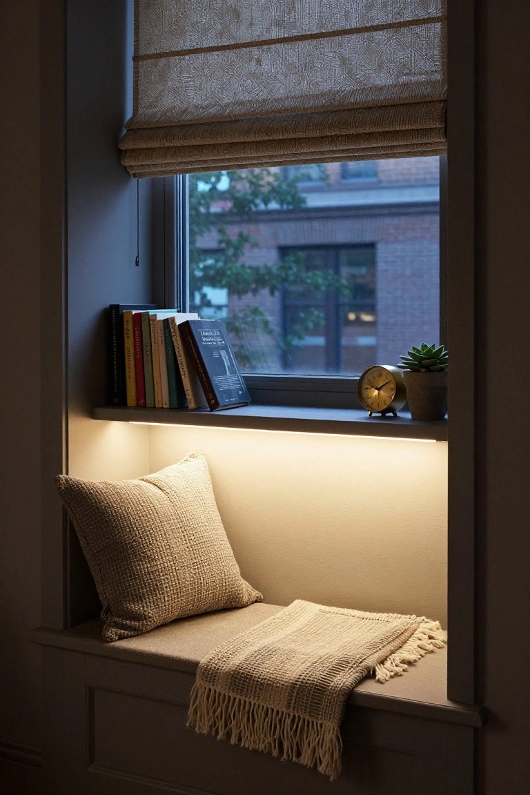 Built-in window bench with beige textured pillow and fringed throw blanket draped over it, wooden shelf above holding colorful books, gold clock, and potted succulent, LED strip lighting beneath the shelf, viewed from inside with evening light through textured blinds and view of brick building outside.