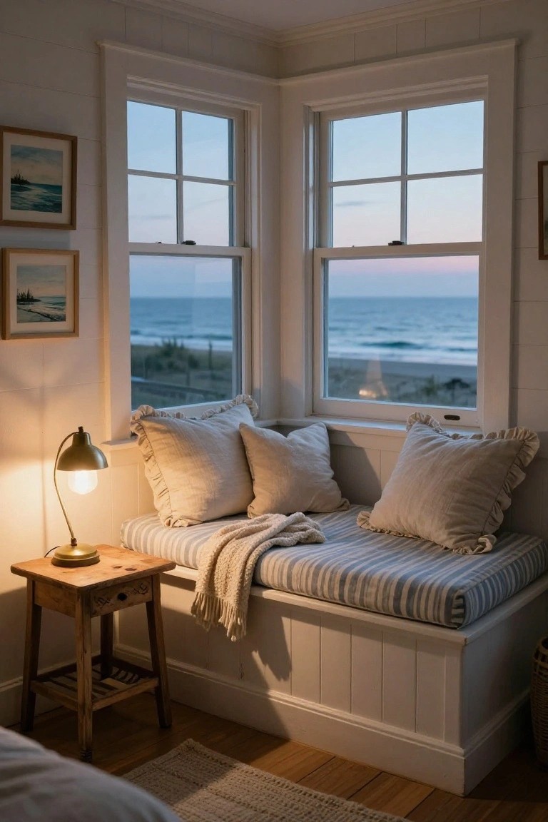 Corner window seat in a bedroom with cushioned bench, pillows, throw blanket, brass lamp on wooden table, and ocean view through large windows at dusk.