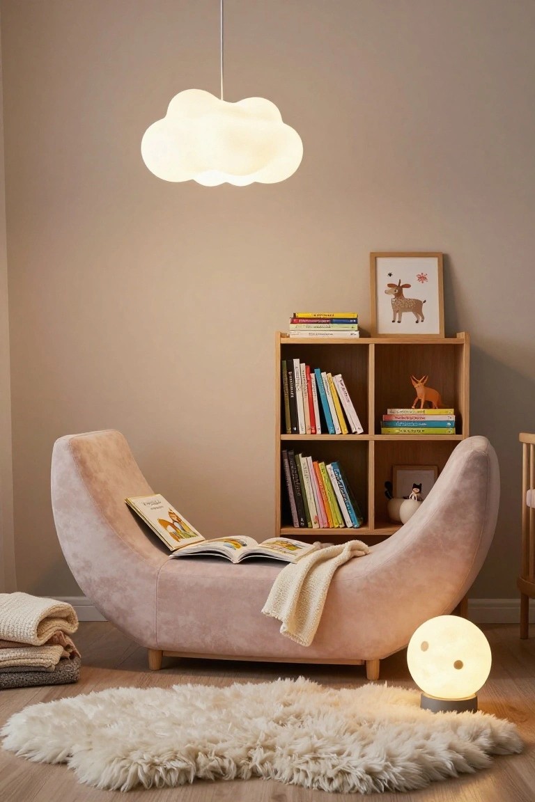 A nursery corner with a curved pink velvet chaise lounge holding an open children's book, wooden bookshelves stocked with colorful books and toys, cloud-shaped pendant light, moon table lamp, and fluffy white rug on light wood floor.