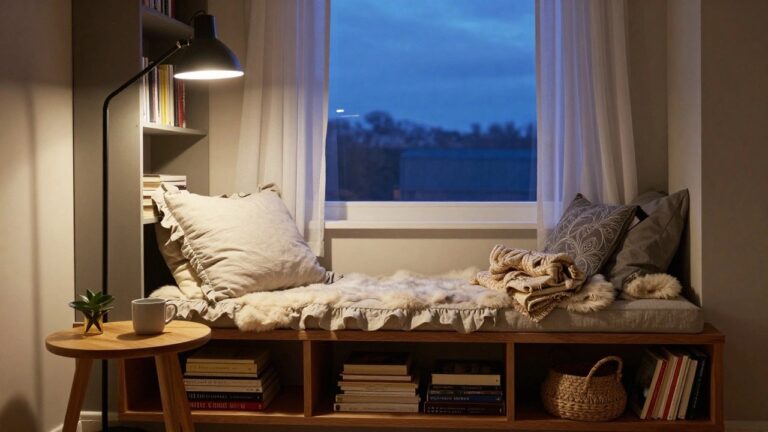 Bedroom reading nook beside a window with a lamp