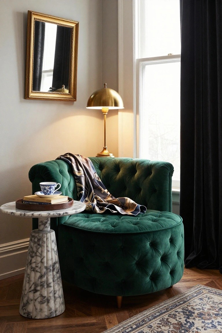 Green tufted velvet barrel armchair beside a white marble pedestal side table holding books, saucer with blue and white teacup, and draped scarf, with brass lamp and window with black curtains in a light gray room.