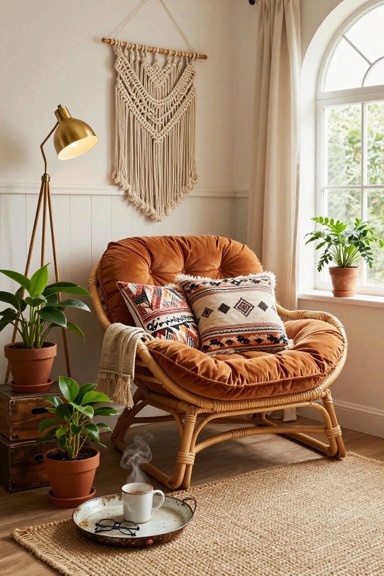 Cozy indoor corner with a tufted burnt orange rattan egg chair piled with patterned pillows and a throw blanket, flanked by potted plants, a gold floor lamp, macrame wall hanging, and a tray holding tea and eyeglasses on a seagrass rug by a window.