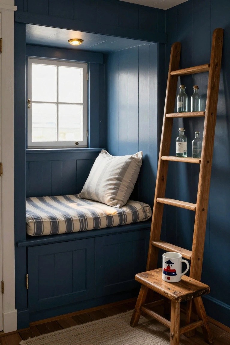 Navy paneled walls frame a built-in window seat with striped cushions and a pillow, beside a wooden ladder shelf holding glass bottles, with a small wooden stool and mug on a rug in front.