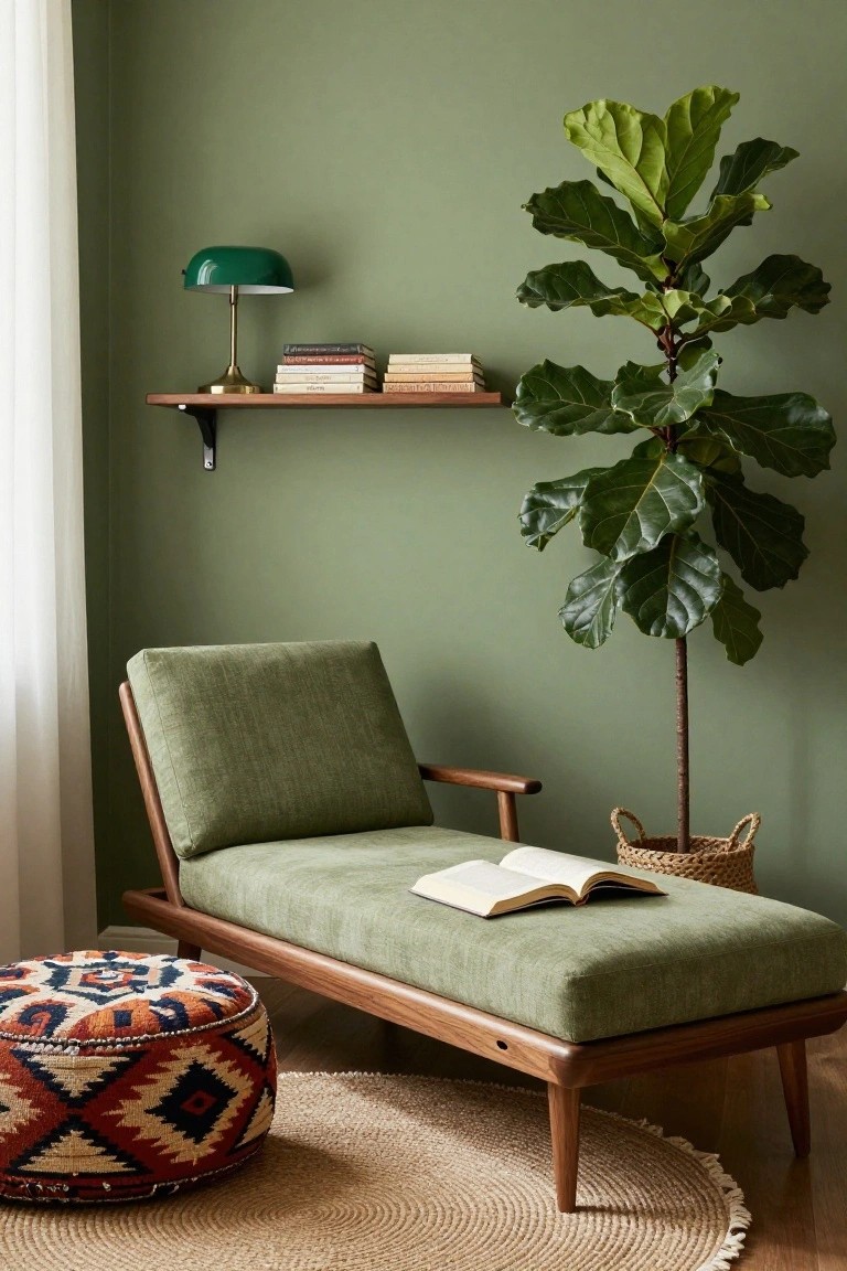 Sage green wall with wooden shelf holding books and a green banker's lamp, tall fiddle leaf fig plant in woven basket, green upholstered chaise lounge with wooden frame and open book on seat, colorful patterned pouf on beige seagrass rug in corner of room.