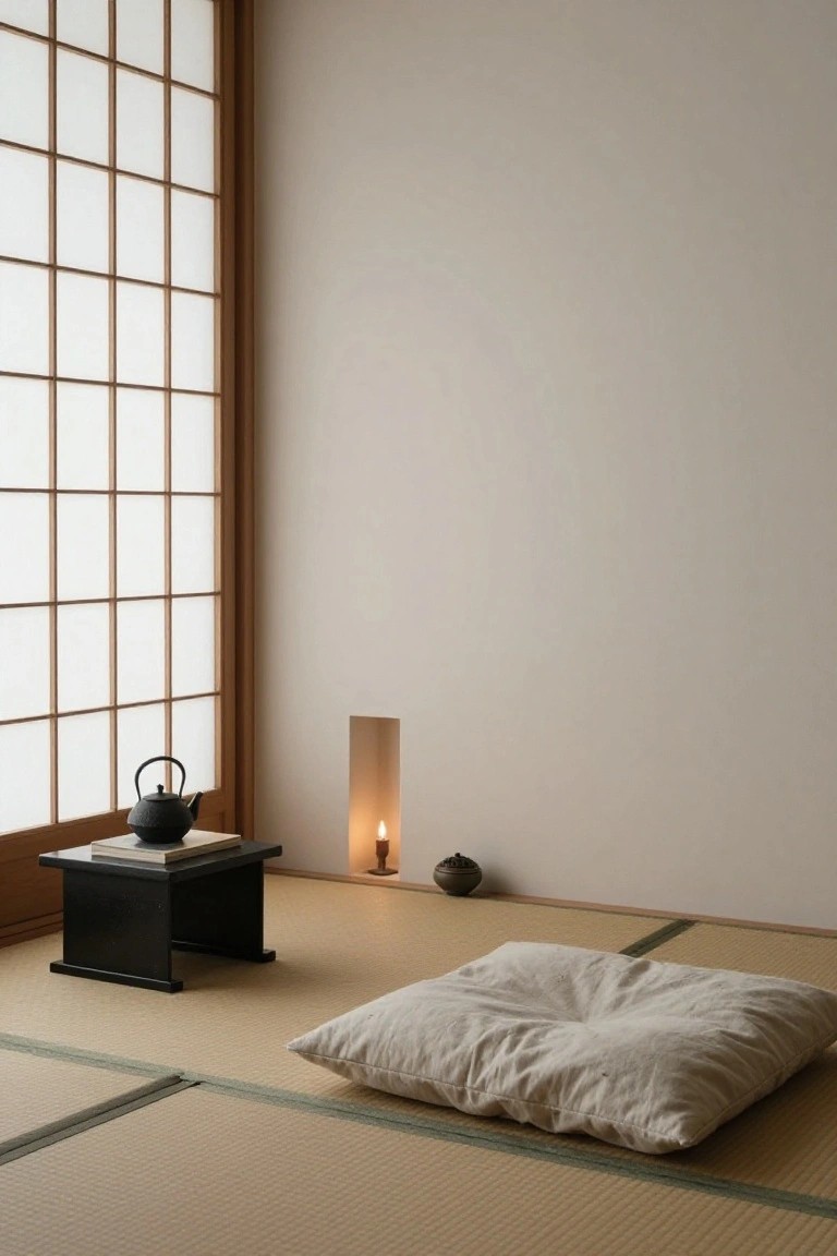 Japanese-style interior room featuring light-colored tatami mats on the floor, a large off-white zabuton cushion, low black table with cast-iron teapot and open book, beige ceramic incense holder, slim candle lantern, and shoji screen window.