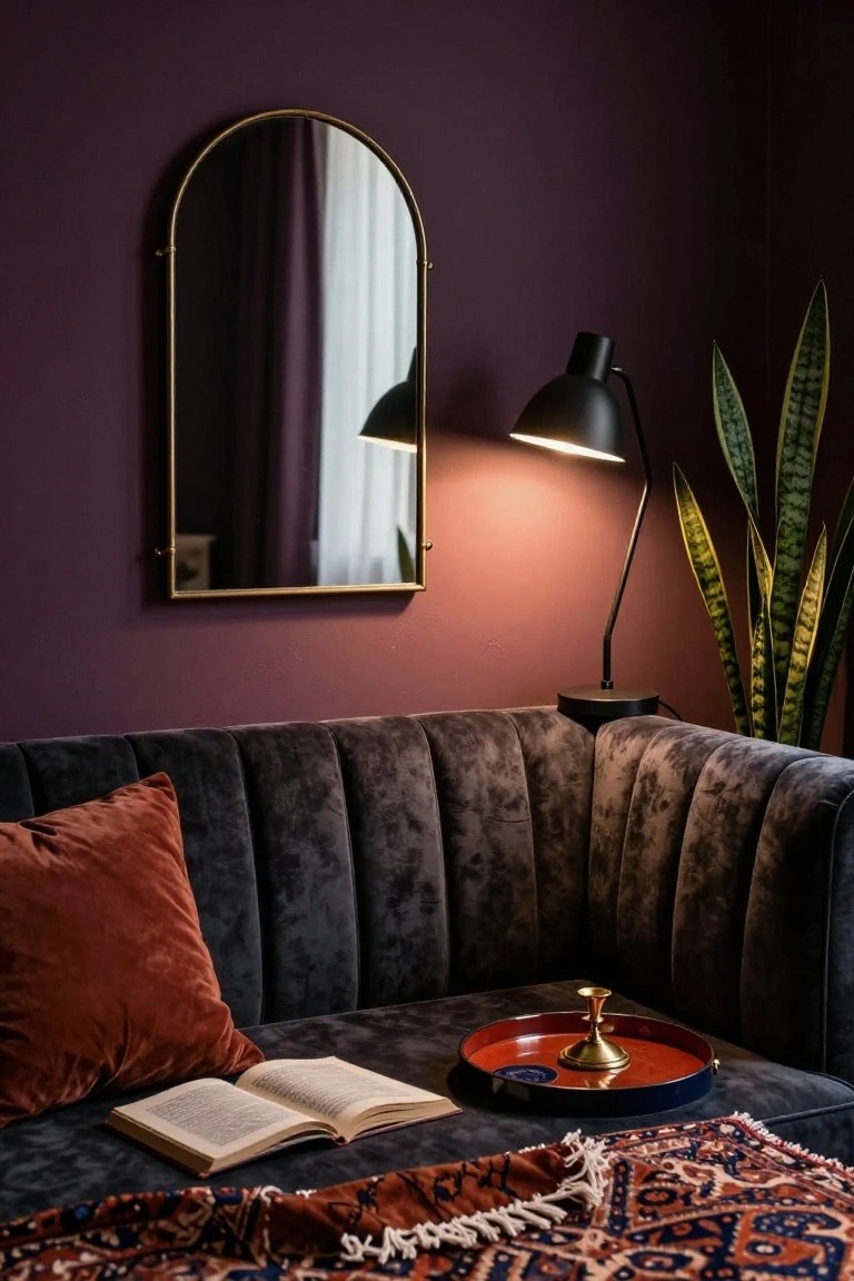 Purple-walled room corner with gold-framed arched mirror reflecting white curtains, black adjustable desk lamp, tall snake plant, tufted gray velvet corner sofa with rust pillow, open book, red lacquer tray holding gold candlestick, and fringed patterned rug on floor.
