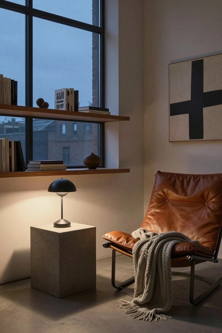Interior photo of a brown leather armchair with a gray knit throw draped over it, positioned next to a concrete pedestal holding a black dome lamp, beside wooden window shelves stocked with books and ceramics, with a large metal-framed window and abstract cross painting on a beige wall.