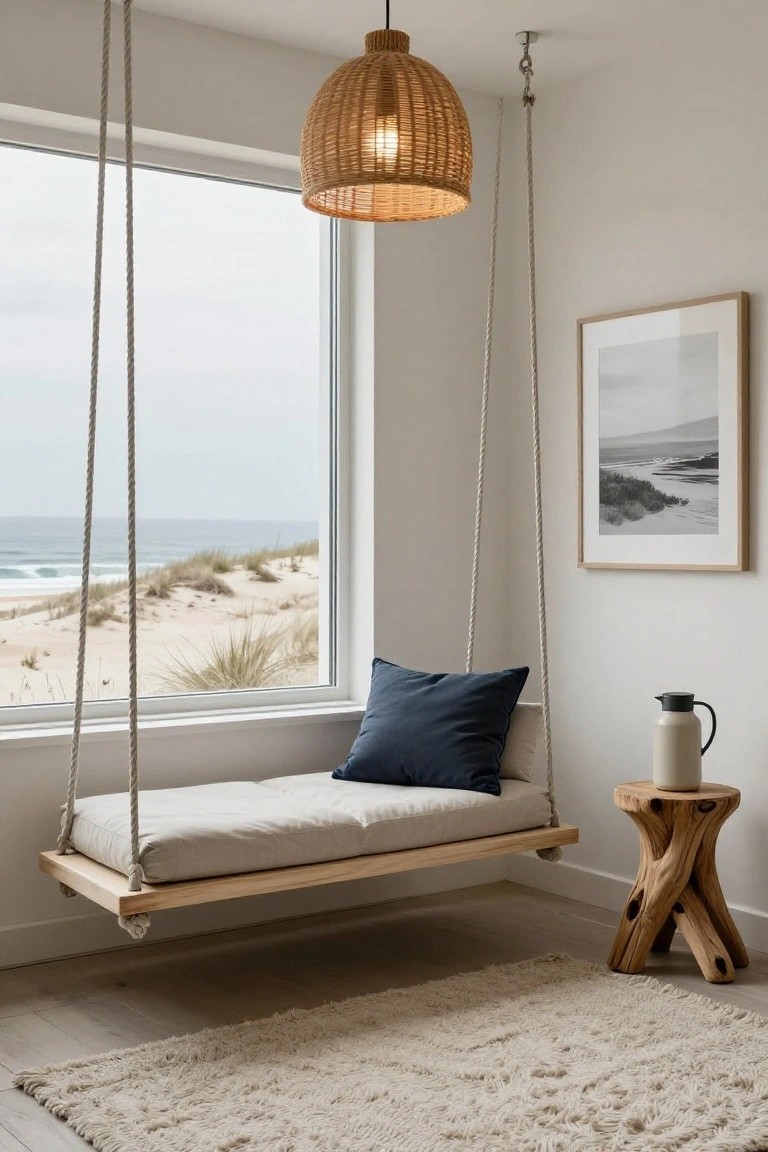 Corner indoor space with rope-suspended wooden daybed by large window showing beach dunes and ocean, woven pendant lamp overhead, navy cushion on bed, wooden stool with jug beside it, and light rug on floor.