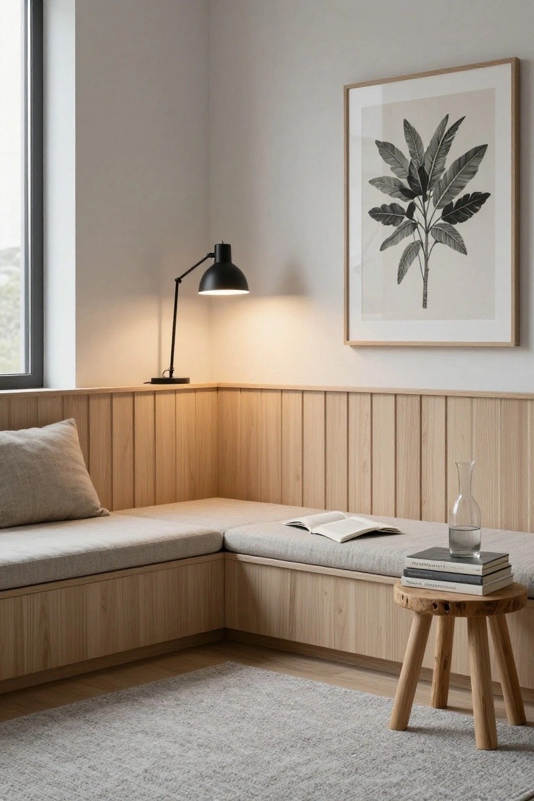 Corner of a light-colored room with vertical light wood paneling on walls, built-in cushioned bench seat holding an open book and glass vase, black adjustable desk lamp on shelf, stack of books on round wooden stool, large framed banana leaf print on wall, gray wool rug on wood floor.