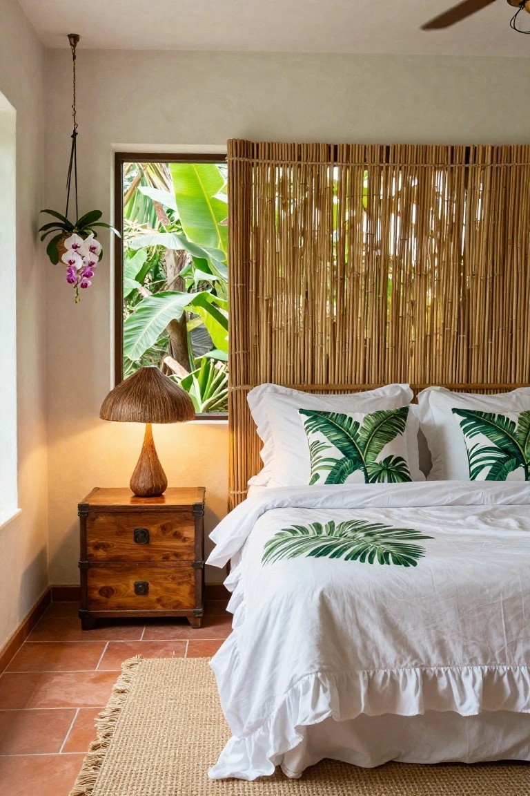 Bedroom interior with bamboo screen as headboard, white bed dressed in green palm leaf duvet cover and pillows, wooden nightstand holding rattan lamp, window showing tropical plants outside, terracotta tile floor with seagrass rug.