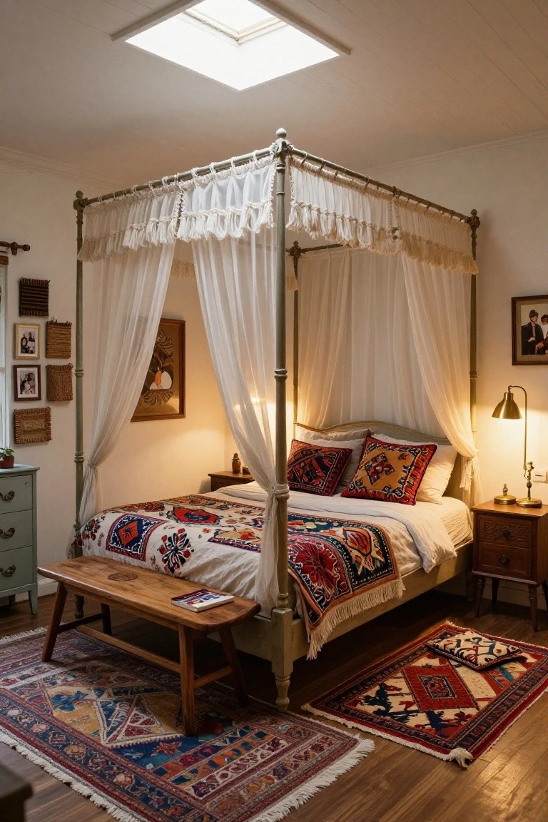 Bedroom interior with a white metal four-poster canopy bed draped in sheer curtains, colorful patterned bedding and pillows, wooden bench at foot, patterned rugs on hardwood floor, side tables, and wall art under a skylight.