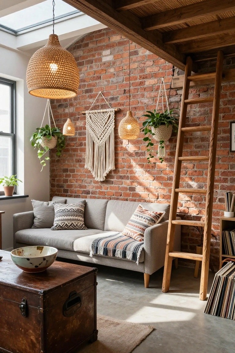 Cozy room interior featuring exposed brick wall, gray sofa with patterned pillows and throw, wooden trunk coffee table with ceramic bowl, hanging rattan pendant lights, macrame wall hanging, potted plants, and tall wooden ladder leaning against wall near vinyl record shelves.